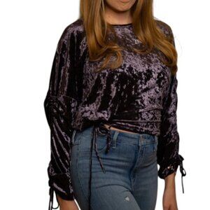 Mustard Seed Small Purple Ruched Sleeves and Waist Velvet Cropped Top NWT